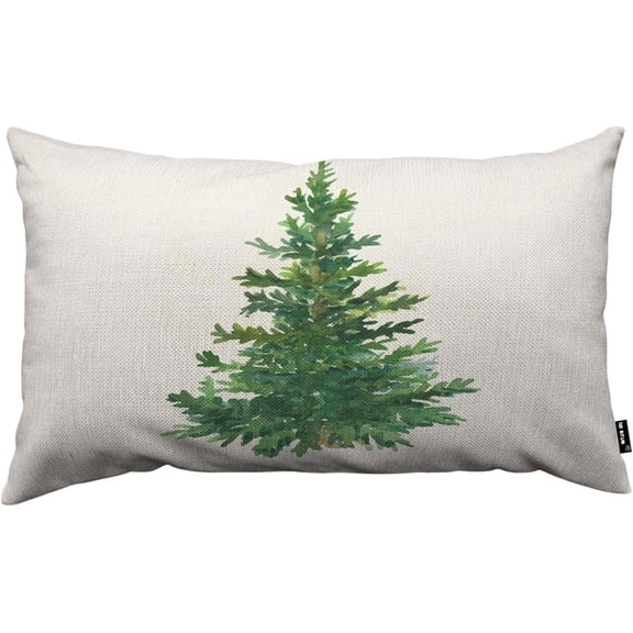 Christmas Tree Throw Pillow Case Cushion Cover Fir Green Watercolor Celebration Merry Christmas Rustic Linen Throw Pillow Covers 12x20 Inch for Sofa Couch Decoration
