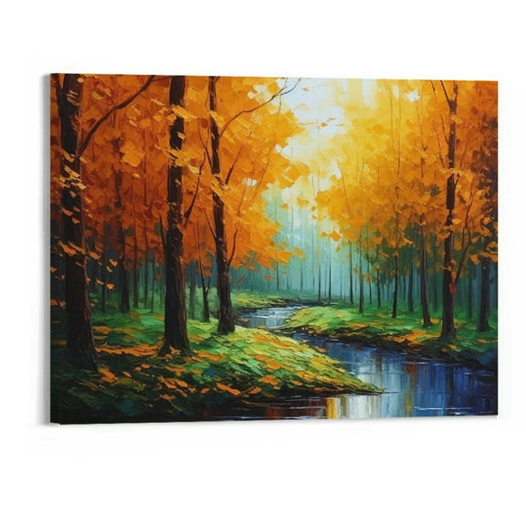 JRXY Framed Autumn Maple Leaves Canvas Wall Art Fall Tree Forest Field Landscape Painting Prints for Home Decor, 20x16 Inch 20x16in