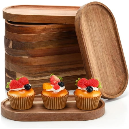 12 Pcs Wood Serving Trays 10 Inch Stackable Oval Platter Christmas Dinner Plates Wood Cheese Charcuterie Platter Board for Fruit Cheese Dessert BBQ Party Weddings Supply