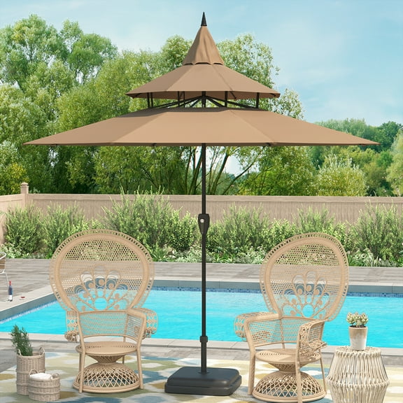 Ultrashades 9ft Patio Umbrella with Crank 3-Tier Pagoda Outdoor Market Umbrella with 8 Ribs, Tan