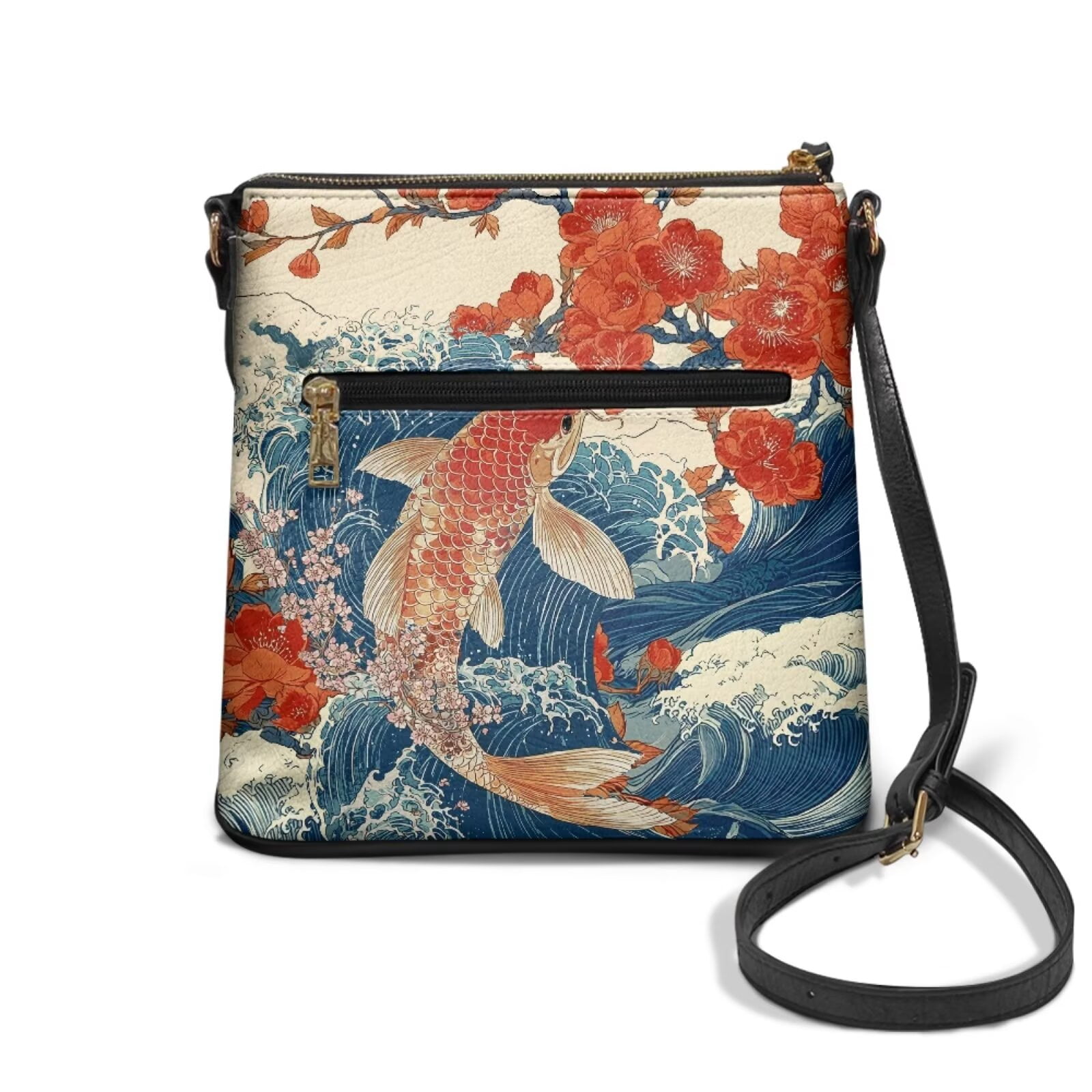 DISNIMO Koi Fish Print Messenger-Bag Plum Blossom Print Crossbody Handbag Purse with Multi-Pockets Fashion Leather Hobo Handbags with Adjustable Strap