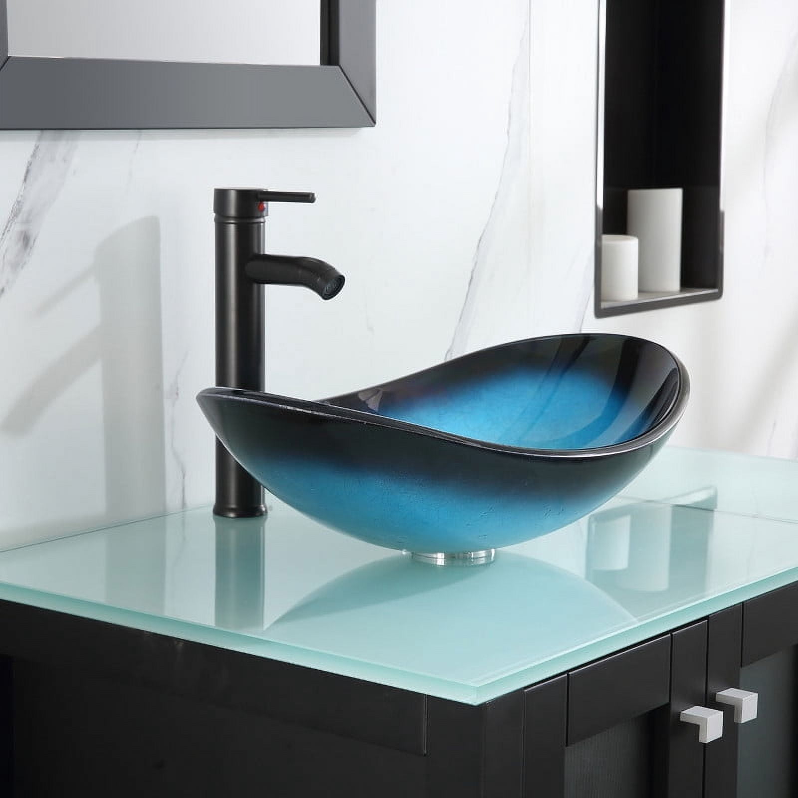 Walsport 36" Luxurious Bathroom Vanity with Blue Tempered Glass Vessel Sink Bowl and Countertop and Mirror and Faucet,Stand Floor Cabinet Bathroom Storage Vanity with Pop Up Drain,Black