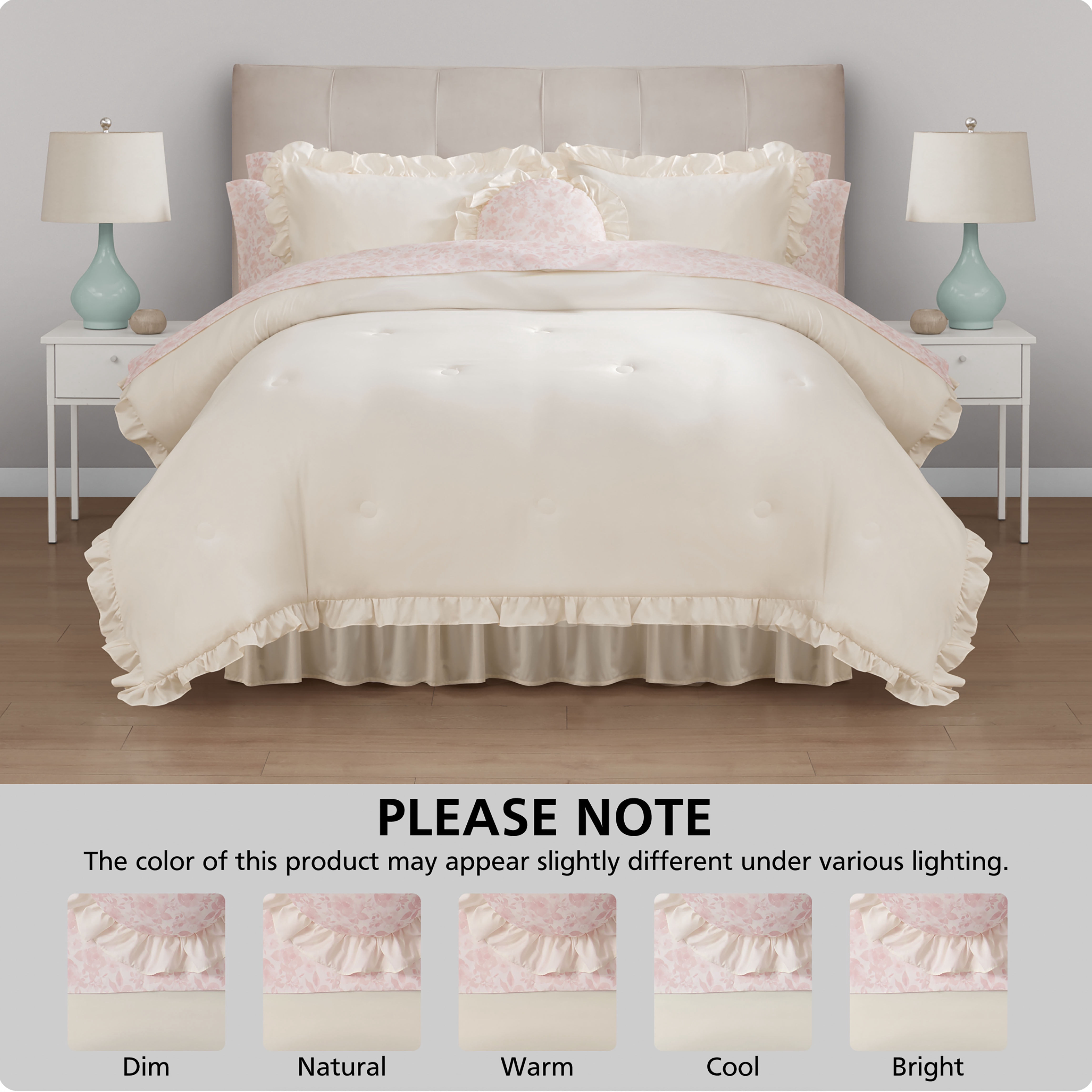Mainstays All in One Reversible Comforter and Sheet set- 11 Piece, King, Cream Ruffle
