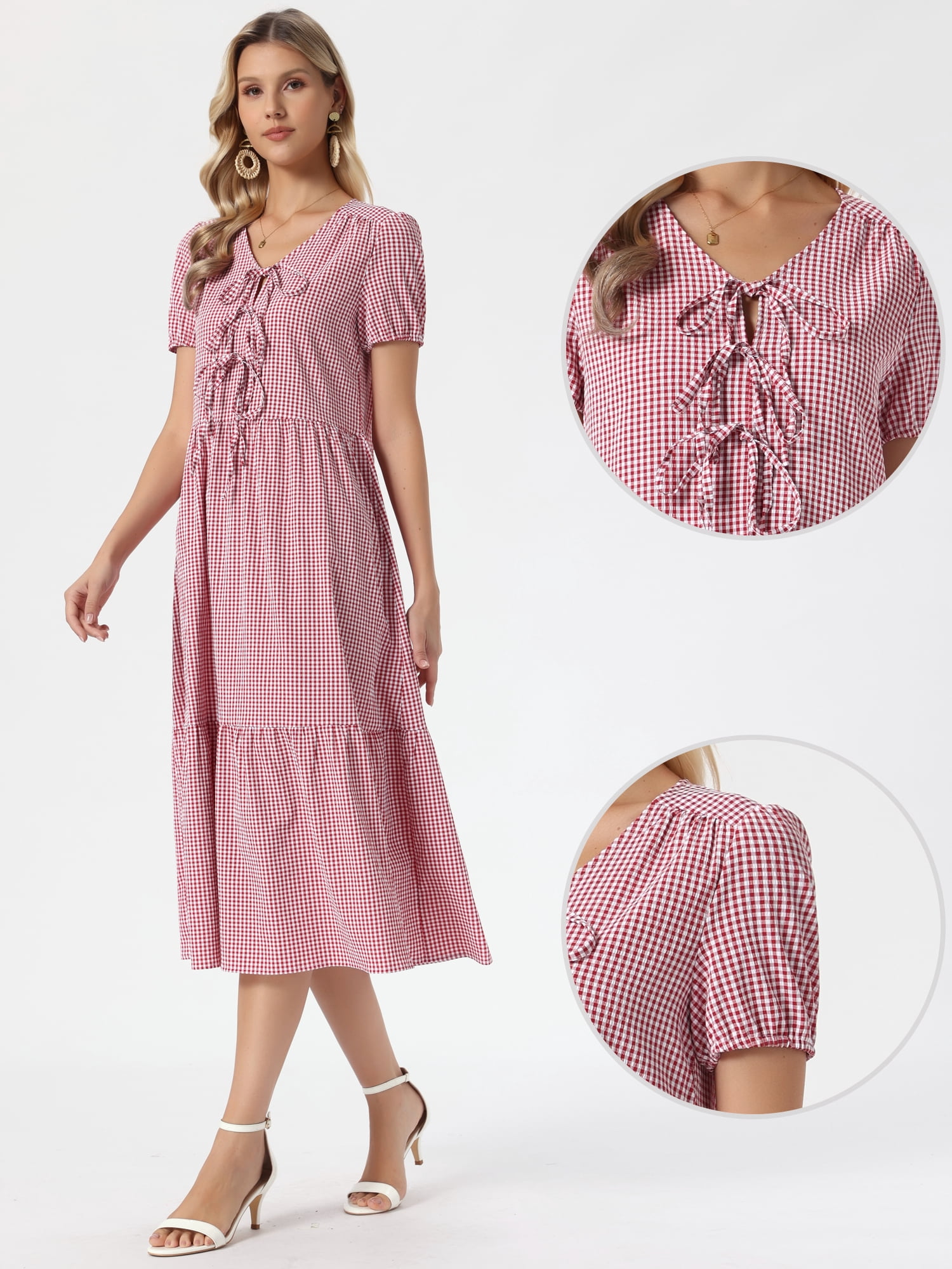 DARING DIVA Women's Gingham Short Sleeve V-Neck Midi Flowy Tie Front Dress S Dark Red