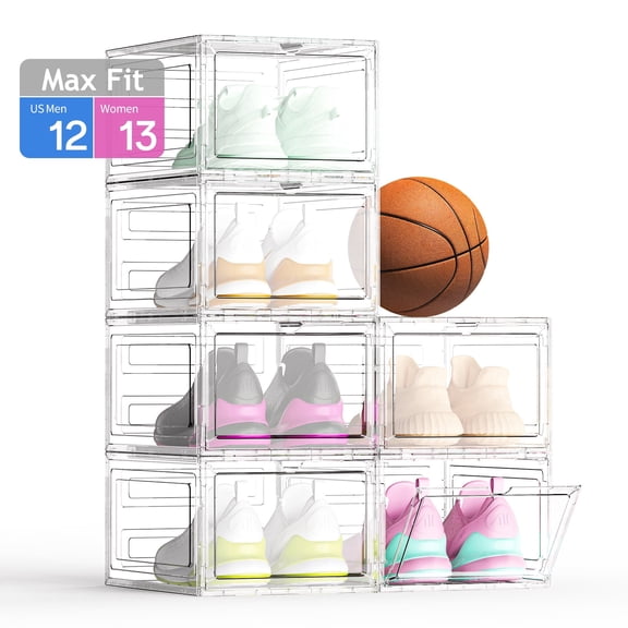 FDDAI 6 Pack Large Clear Plastic Shoe Storage Boxes, Stackable Sneaker Organizer with Magnetic Drop Front Door, Dustproof and Moistureproof Display for Closet Bedroom and Entryway