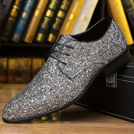 

XTMPMY Men‘s Trendy Plus Size Derby Shoes with Shiny Sequins for Outdoor Activities - Comfy Lace Up Formal Shoes with Non-Slip Rubber Sole