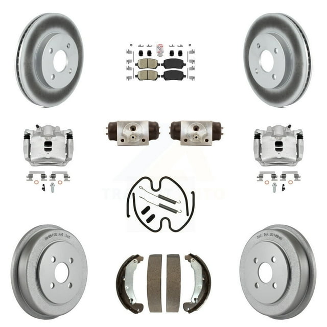 Transit Auto Front Rear Disc Brake Caliper Coated Rotors Drums Ceramic Pads Shoes Wheel Cylinders and Hardware Kit (11Pc) for Car 2003 Saturn Ion To VIN 3Z100143 KCG-101256N