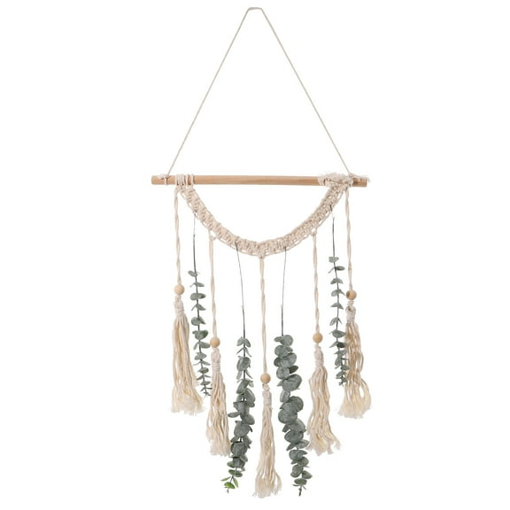 PAMINGONO Macrame Wall Hanging Decor Beige Wood Background 1 Set 31.5x14in