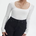 thumbnail image 3 of Womens Solid Color Ribbed Tops Long Sleeve Lace Trim Scoop Neck Slim Fit T-Shirts Dressy Blouses M, 3 of 5