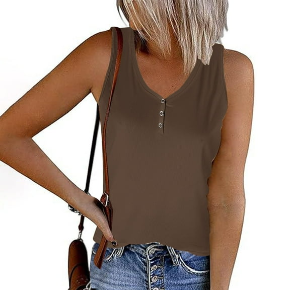 QUINDOS Womens Tank Tops Plus Size Summer Brown Ribbed Striped Round Neck Button Elastic Tank Tops Camisoles for Women