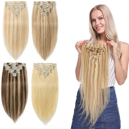 S-noilite 100% Remy Human Hair Extensions Clip in Hair Grade 7A Quality Full Head 8pcs 18 clips Long Soft Silky Straight for Women Medium Brown & Dark
