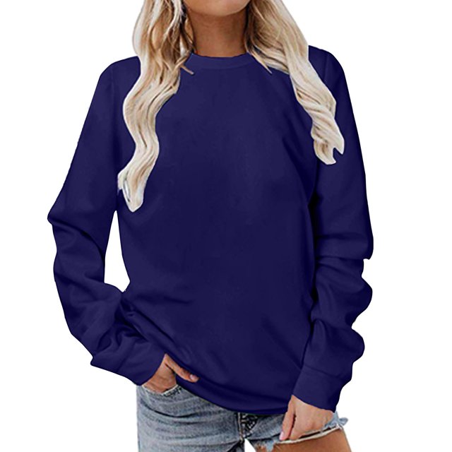 Dagegui Hauts Grande Taille pour Femmes Manches Longues Col Rond T-Shirt Couleur Unie Quotidien Tunique Chandail Bleu Foncé TG