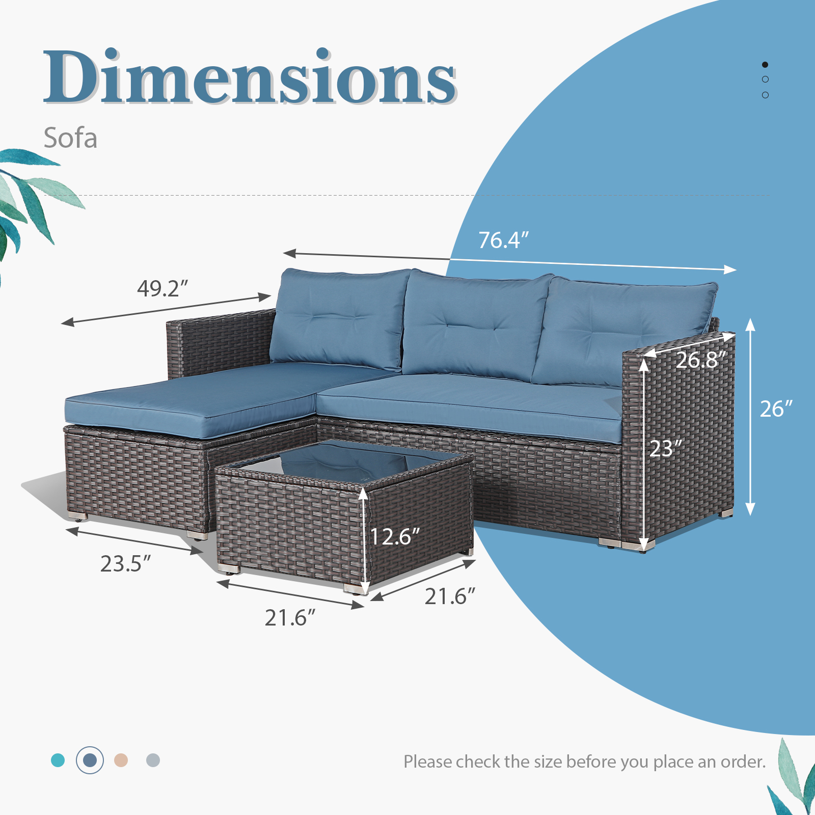 OC Orange-Casual 5-Piece Patio Furniture Set, Outdoor Sectional Sofa, Coffee Table, Dark Brown Rattan & Aegean Blue Cushion - image 3 of 9