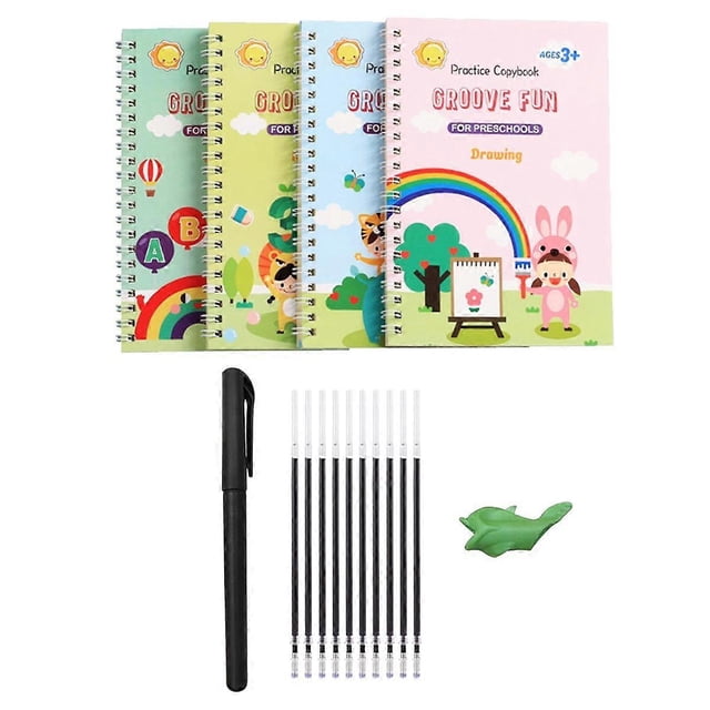 Cuaderno de caligrafía con ranuras de 4 piezas para practicar la escritura, cuaderno para niños, cuaderno de escritura con ranuras y bolígrafo de tinta que desaparece automáticamente