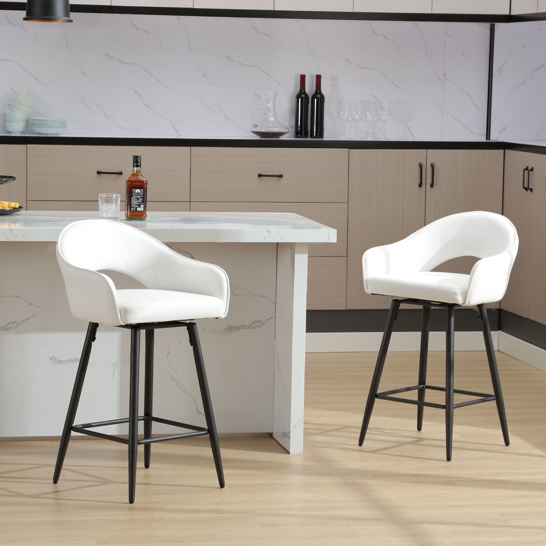 27" Modern Swivel Bar Stools Set of 2, PU Upholstered Counter Height Stools with Metal Legs, Hollow Curved Backrest for Kitchen Island, Home Bar, Bistro,White