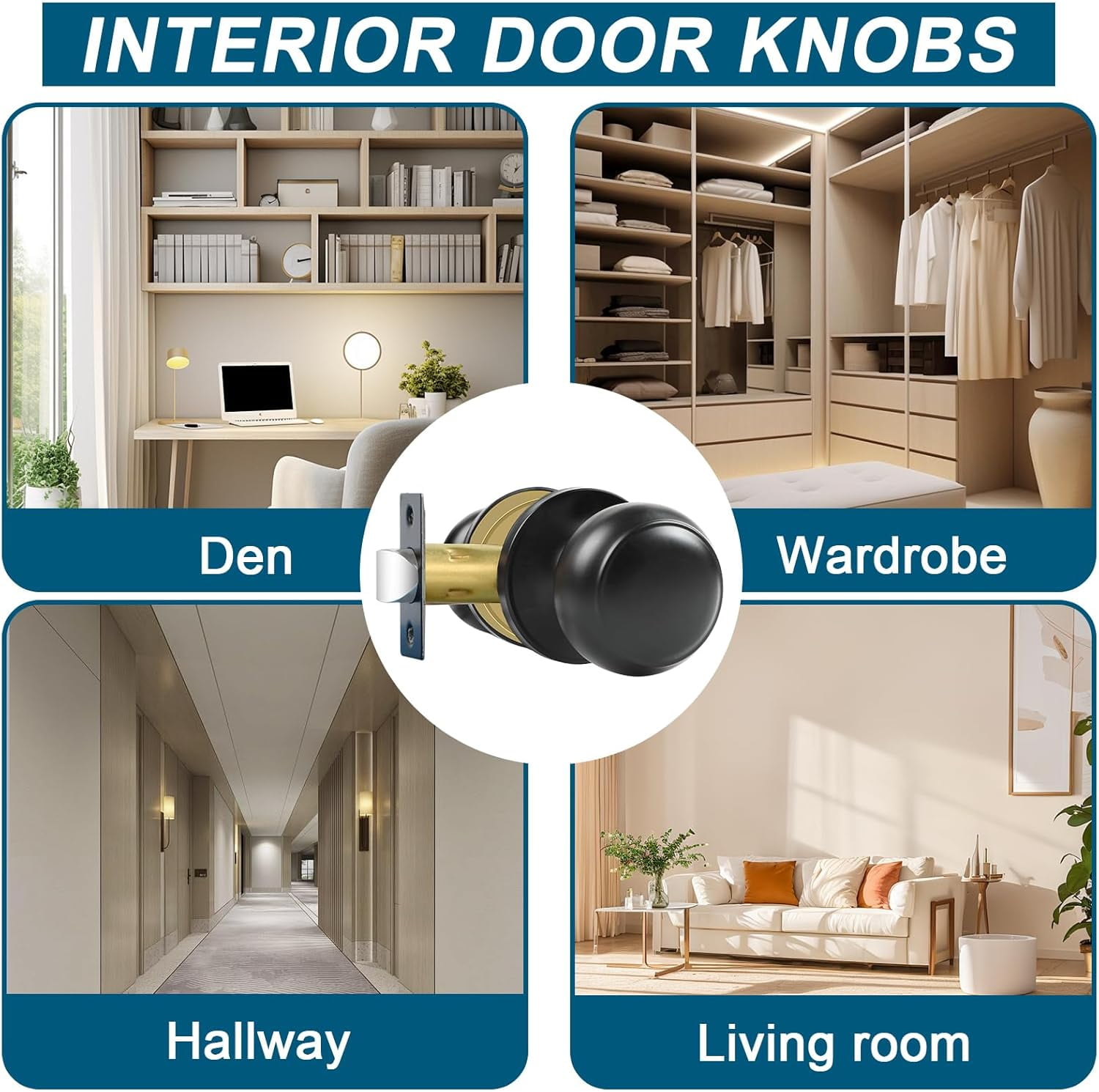 Passage Door Knobs, 5 Pack Matte Black Door Knobs, for Hallway & Closet Non-Locking Interior Round Door Handles Keyless Reversible for Left Right Handed Doors