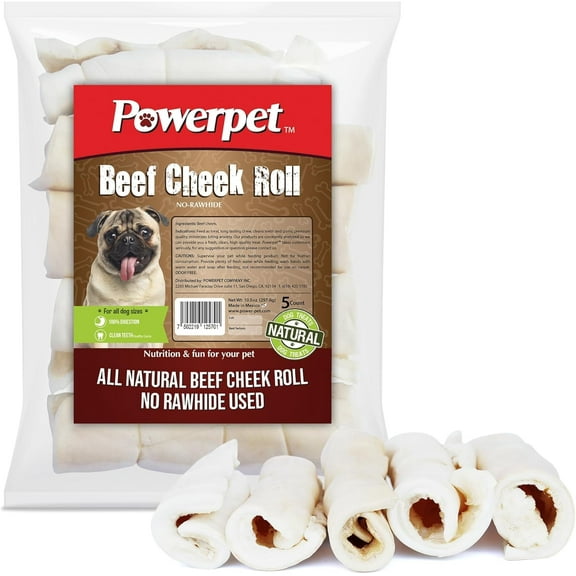 Powerpet Treats Beef Cheek Rolls for Dogs - Promotes Dental Hygiene - 100% Natural & Highly Digestible - High Protein, Low Fat Breeds - No Rawhide - Healthy Chew Treats - 5 Rolls