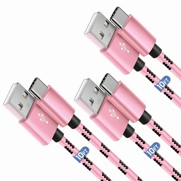 Afflux 3 Pack USB-A to USB-C Fast Charger Braided Type C Cable Compatible with iPhone 17 / 16 / 15 Pro Max Plus Air, Samsung Galaxy S25 S24 S23 Ultra, Google Pixel, iPad Pro, Universal (10ft, Pink)