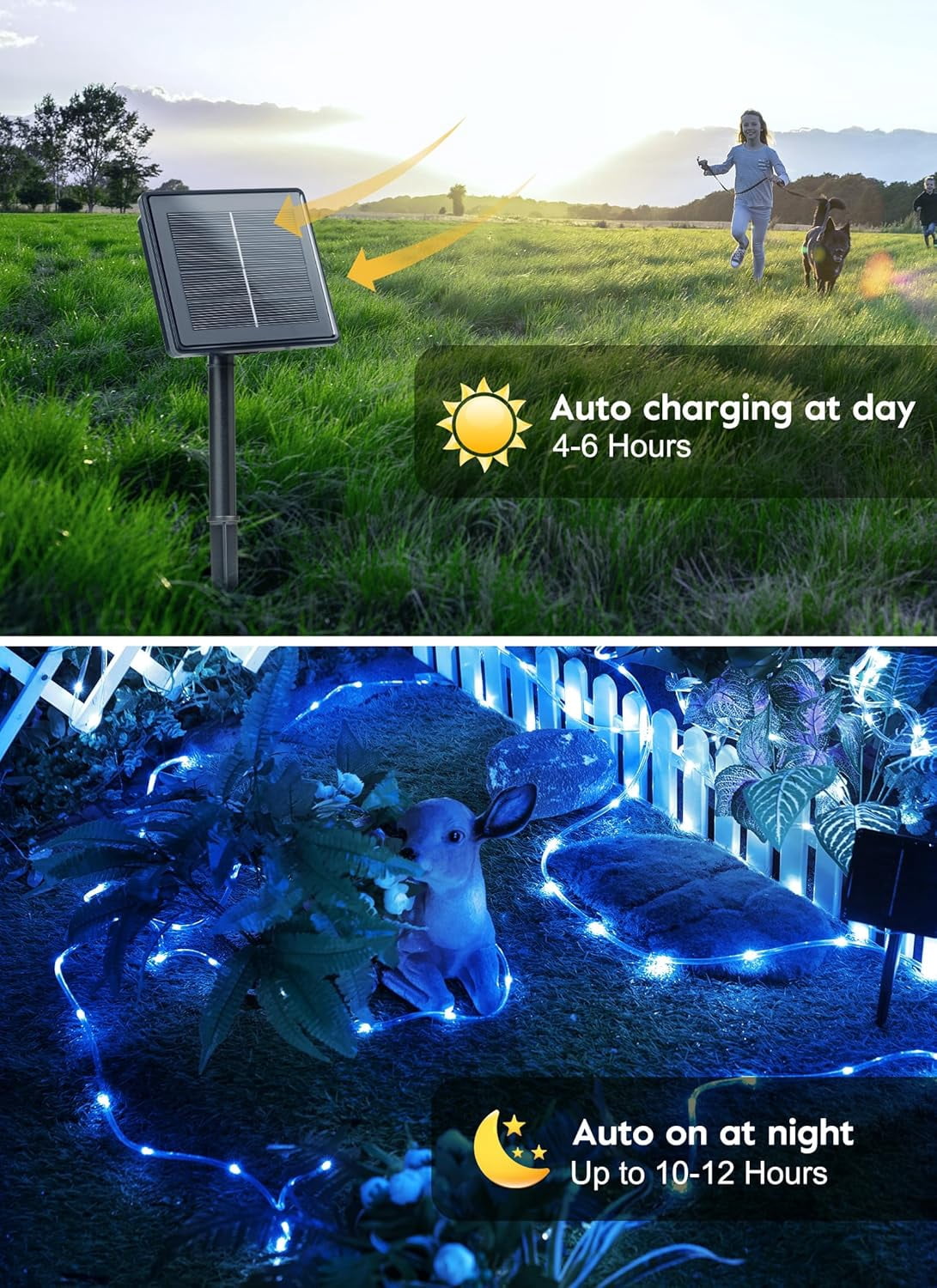 Solar Rope Lights, 2 Pack  IP65 Waterproof Solar Outdoor Lights, Solar Powered Fairy Lights with 8 Lighting Modes for Party Garden Yard Home Holiday Tree Decoration