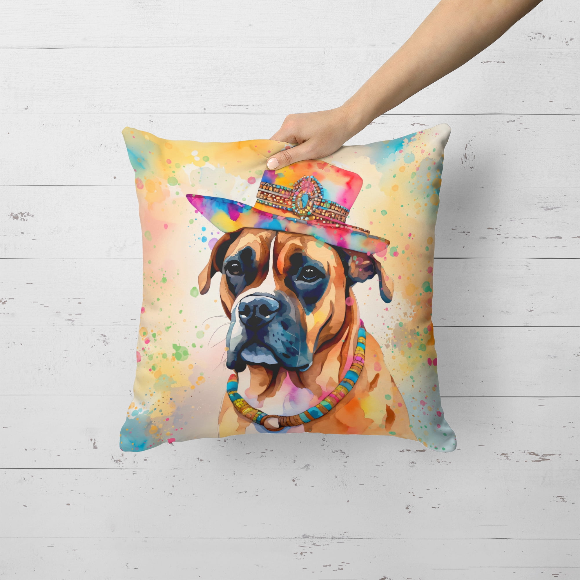 Boxer Hippie Dawg Fabric Decorative Pillow 18 in x 18 in