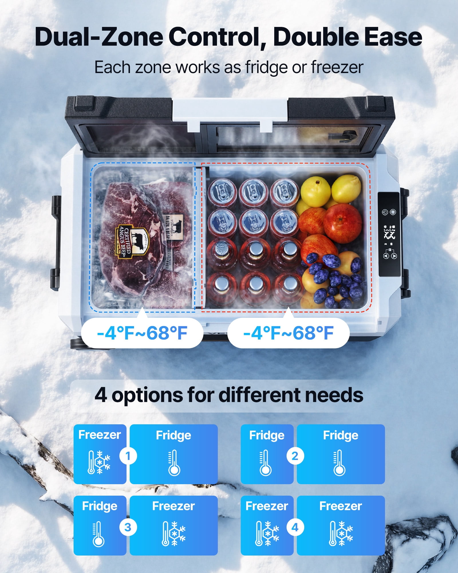 VEVOR Car Refrigerator, DC 12/24V AC100-240V Compressor Electric Cooler, -4°F to 68°F Truck Refrigerator with APP Control, Wheels & Dual Zone, 37 QT Cars Cooler for RVs, Boats, Camping, Fishing