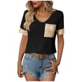 thumbnail image 3 of Laqbezok Women V-Neck Sequin Pocket Short Sleeve T-Shirt, Patchwork Casual Loose Top, Sparkly Fashion Outfit, 3 of 5