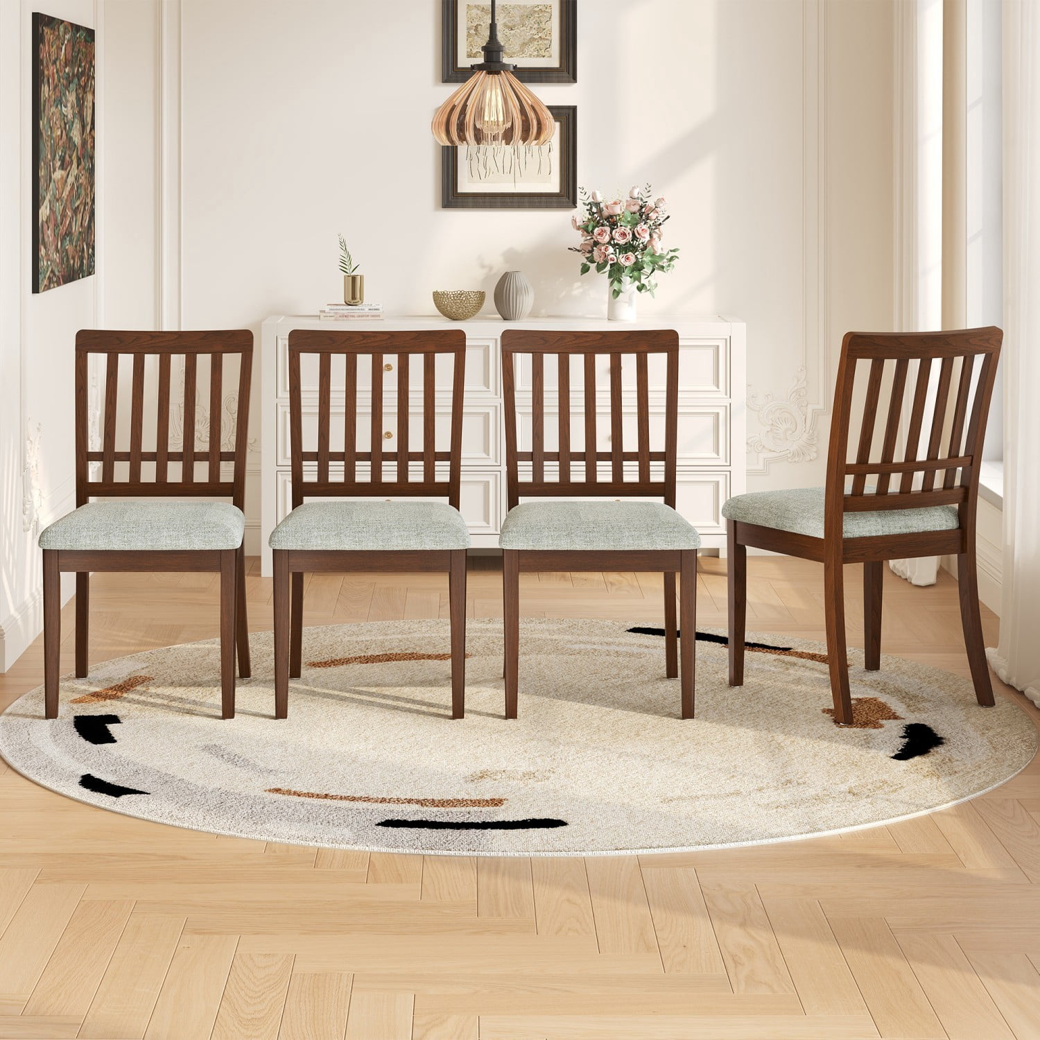 Modern Scandinavian Dining Chairs Set of 2 Curved Wood Backrest Fabric Seat Rubber Wood Frame Kitchen Chairs for Dining Room Apartment, Brown
