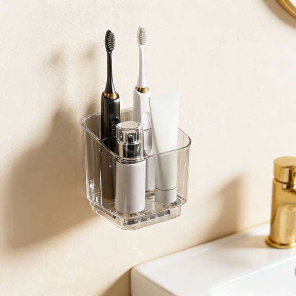 Wall Mounted Toothbrush Holder with Toothpaste Dispenser Adhesive Bathroom Organizer Storage Rack Gray 4inch