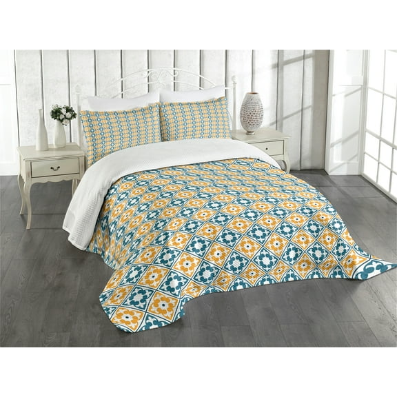 Ambesonne Moroccan Quilted Bedspread Set 3 Pcs, Spanish Azulejo Style, King Size, Teal Marigold White