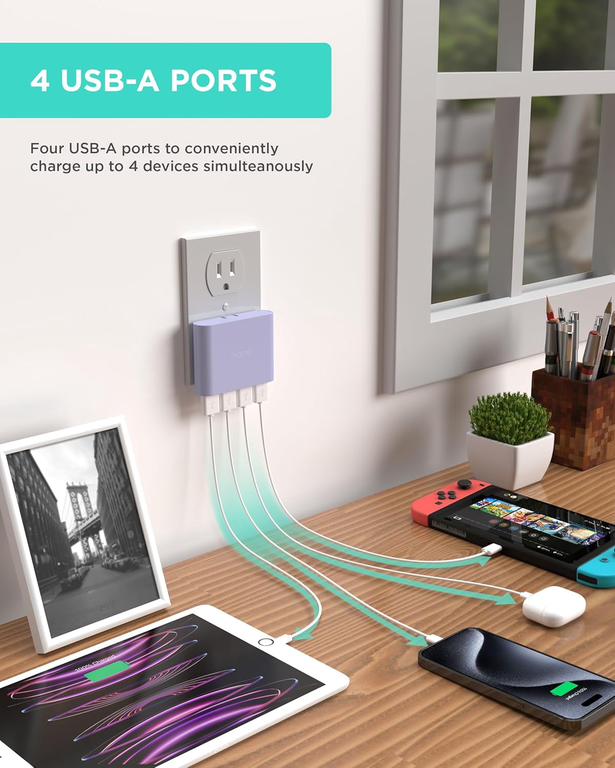 iHome Slim 4-Port USB Wall Charger, AC Pro Flat Plug Adapter, Charging Block for Home & Travel