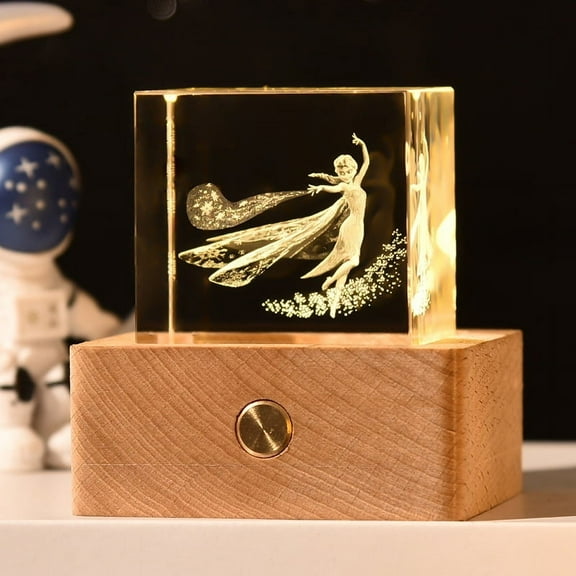 Square 3D Crystal Ball Night Light with 1.96 In Glass Ball Lamp with Wooden LED Base Elegant Fairy Room Table Decor Gifts for Kid Teens Women，Notch Princess