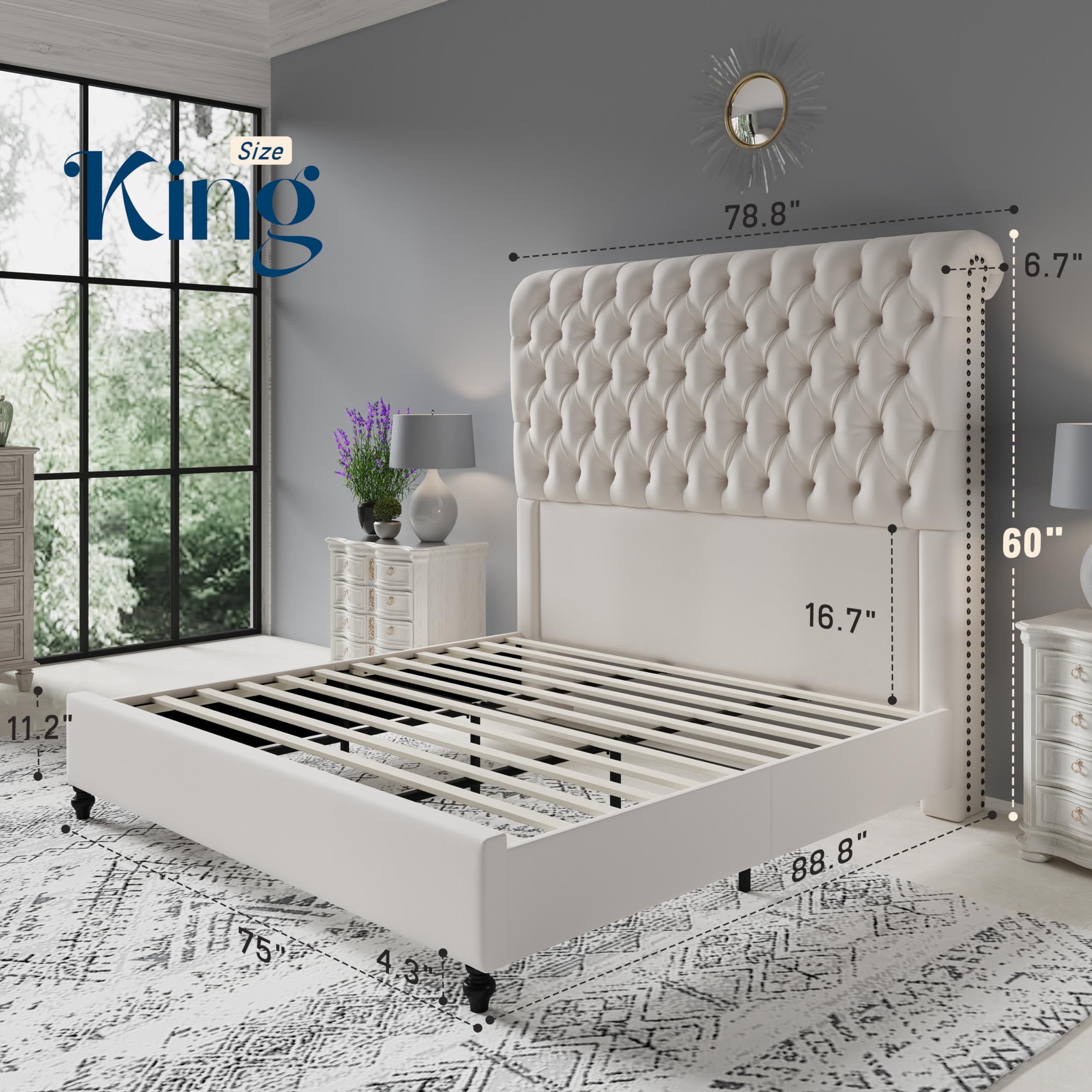 Merluxy King Bed Frame for Adult,60" Sleigh Headbord with Deep Button Tufting,Velvet Cream