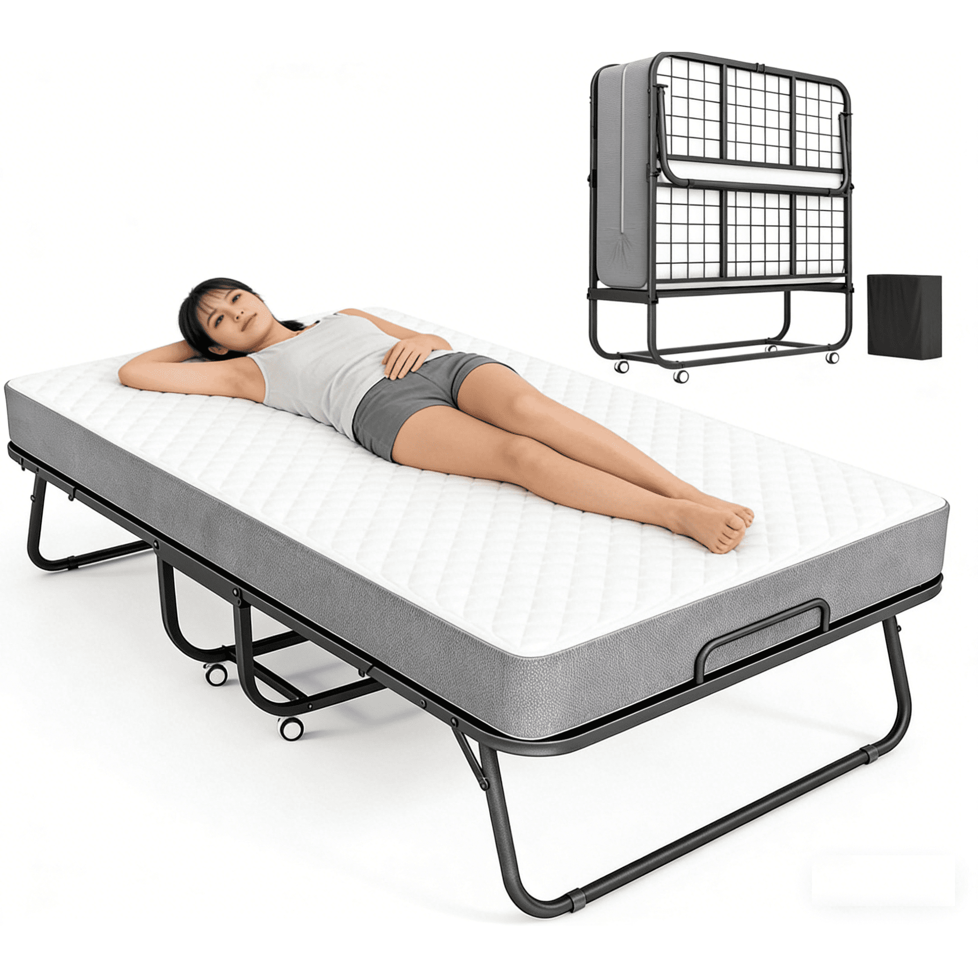 SUNCROWN Folding Bed with Mattress, 75" x 31"Portable Foldable with 5" Thick Foam Frame Roll Away Beds, Single Cot Folded Bed for AdultsStudents, Small Apartment, Camping