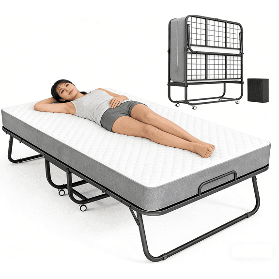 SUNCROWN Folding Bed with Mattress, 75" x 31"Portable Foldable with 5" Thick Foam Frame Roll Away Beds, Single Cot Folded Bed for AdultsStudents, Small Apartment, Camping