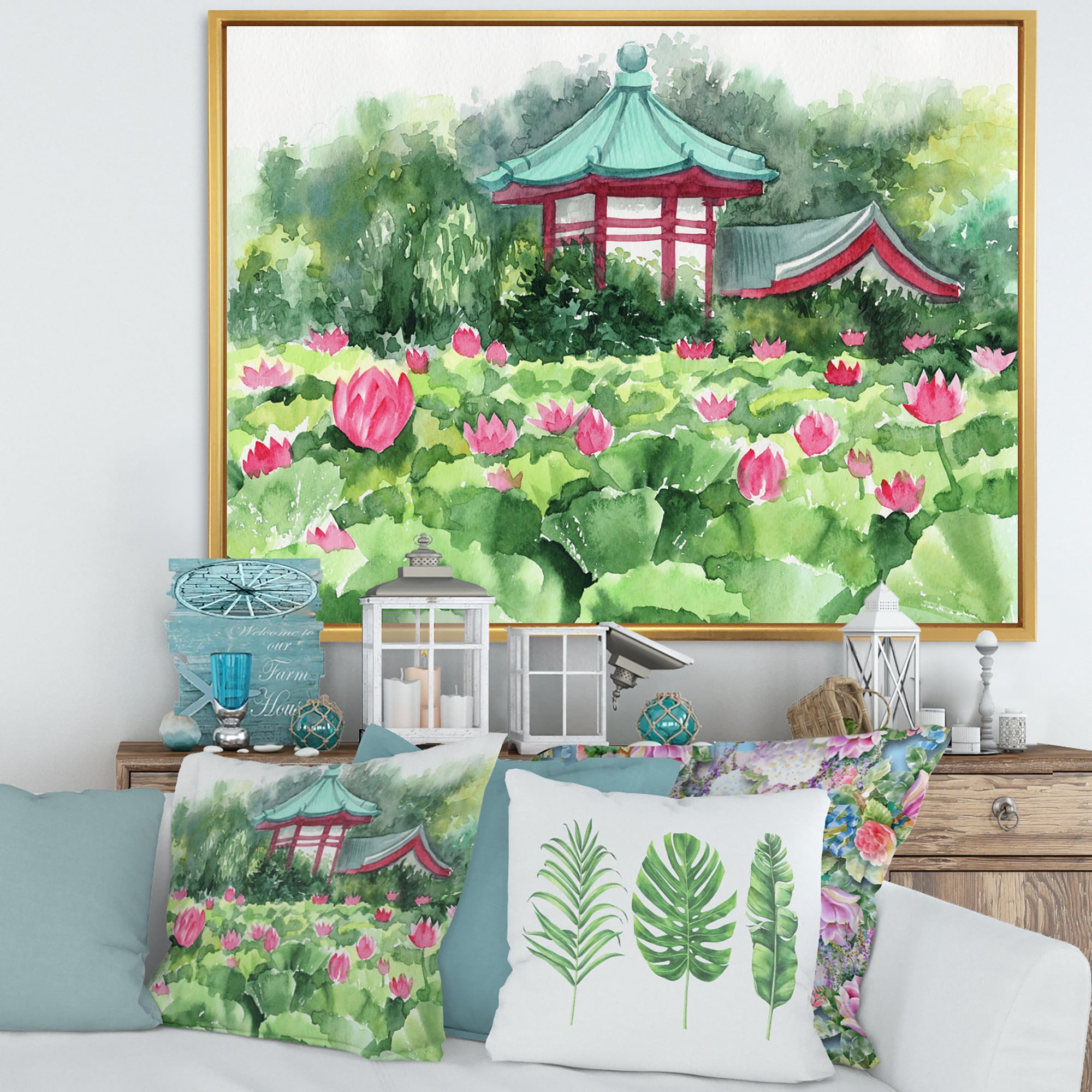 Pagoda and Lotus Lake 40 in x 30 in Framed Painting Canvas Art Print, by Designart