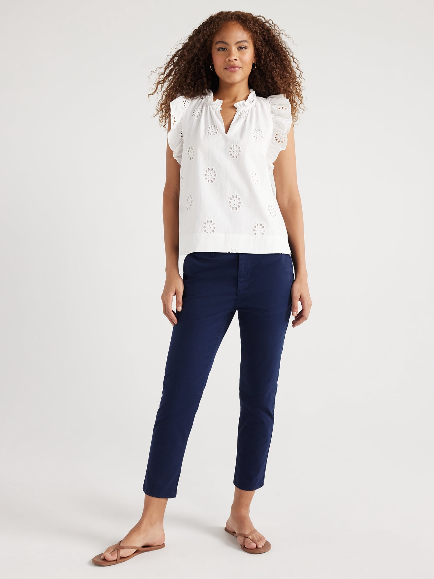 Free Assembly Women's Cotton Sleeveless Flutter Eyelet Top, Sizes XS-XXL
