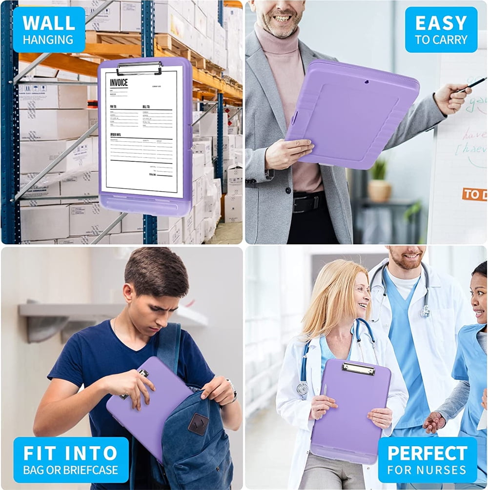 NOGIS Heavy Duty Plastic Clipboard with Storage and Pen Holder, Purple Enclosed Clipboard Box for Nurse, Driver, Contractor, Teacher