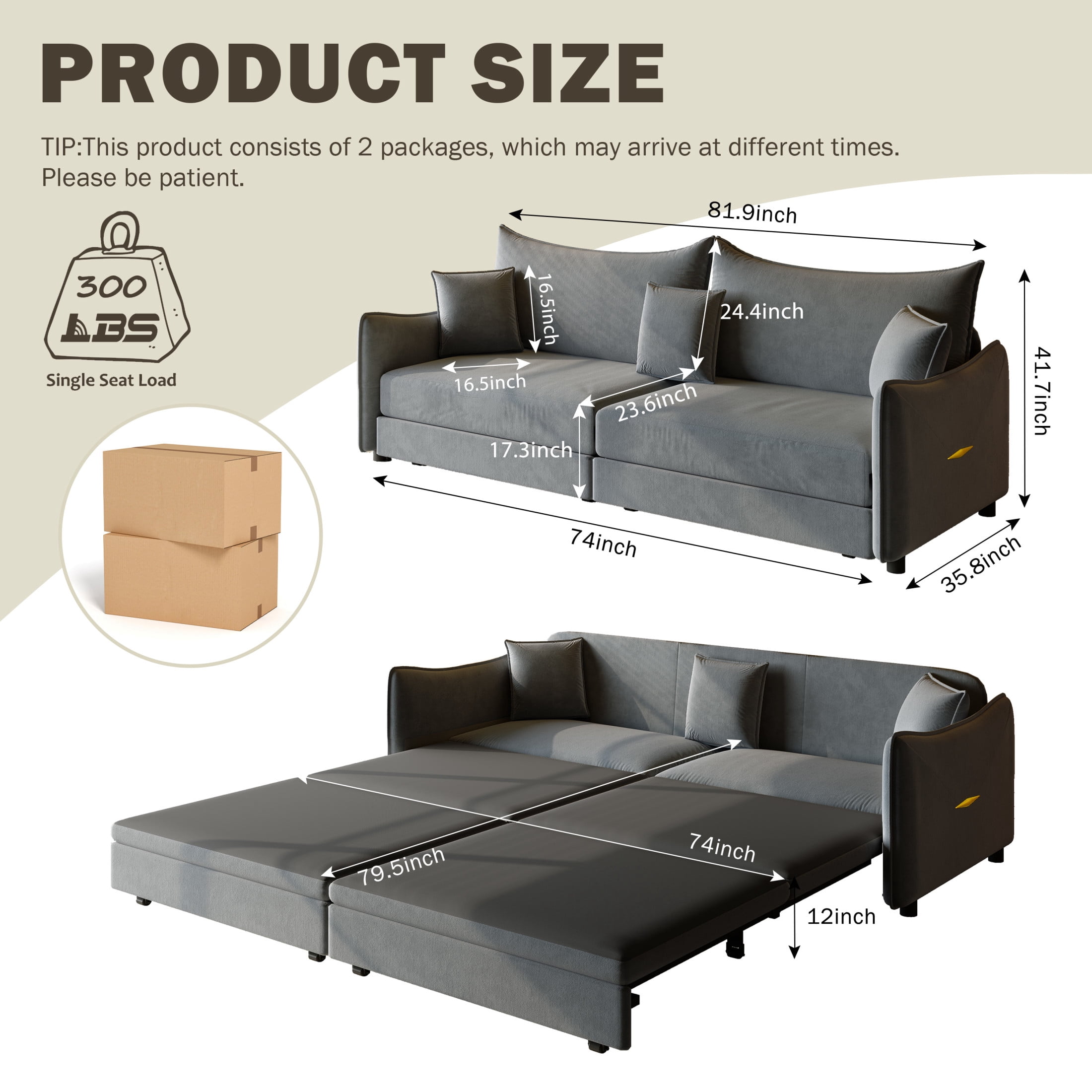 Noble House Abriel King Pull Out Sleeper Sofa Bed, Modern Velvet 3-in-1 Convertible Couch with Pillows, Dark Grey