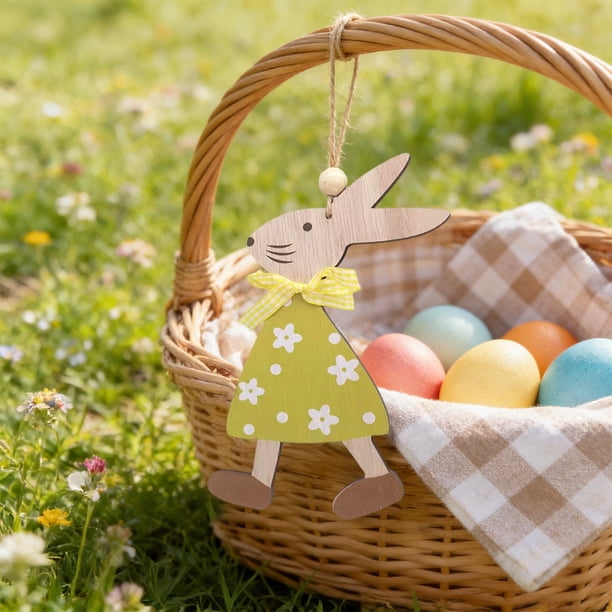 Set de decoraciones colgantes de madera para conejos de Pascua, adornos de mesa de 10 en verde menta, amarillo azul, rosa rosa, decoración de puertas de pared de madera rústica