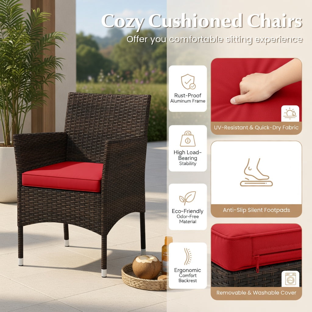 Hommoo 3-Piece Outdoor Wicker Conversation Set, Tempered Glass Coffee Table, PE Rattan & Metal Frame, Weather-Resistant Patio Seating for Backyard, Poolside & Porch, Red