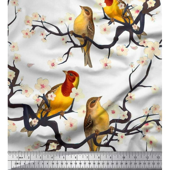 Soimoi White Cotton Poplin Fabric Fish,Bird & Yacht Bird Decor Fabric Printed BTY 56 Inch Wide
