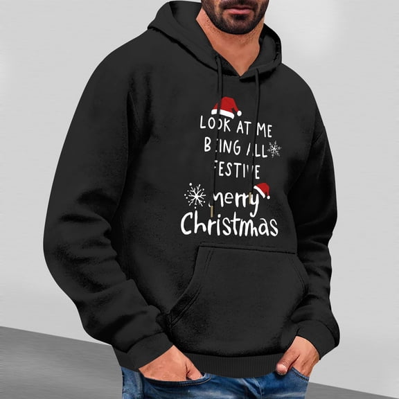 EchfiProm Mens Graphic Hoodies Black Merry Christmas Pullover Hooded Xmas Winter with Pockets Sweatshirt for Men L