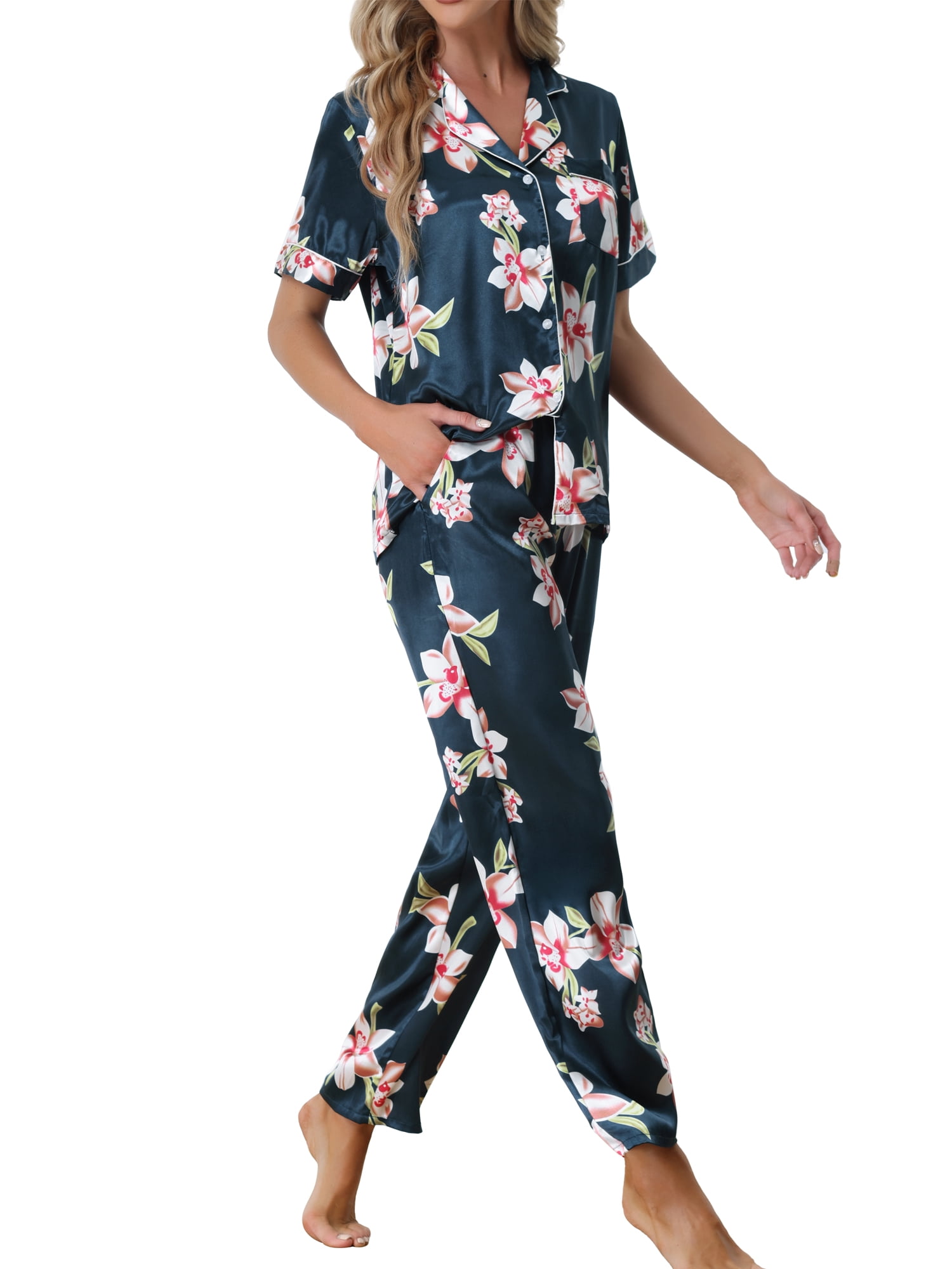Unique Bargains Women's 2pcs Floral Button Down Pajama Set Nightwear Sleepwear Sets