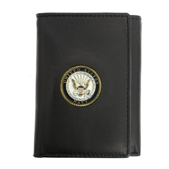 Officially Licensed "US NAVY" Medallion Genuine Leather Classic Handmade Wallet - Trifold Black