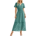 thumbnail image 6 of Xaqiouau Women's Notched V Neck Short Sleeve Lace Hem Maxi Dress Smocked Waist Casual Boho Long Dress with Pockets, 6 of 8