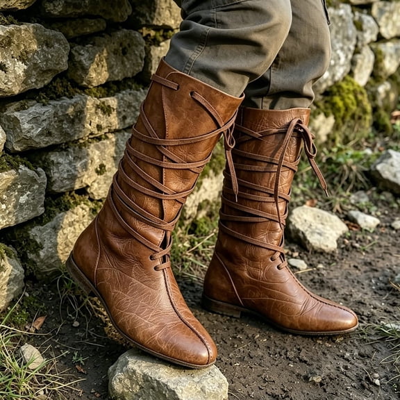 EliteGoogv Unisex Timeless Mid Calf Boots Classic Lace Up Round Toe Ankle Booties With Secure Straps Flat Bed Shoes Brown US:7