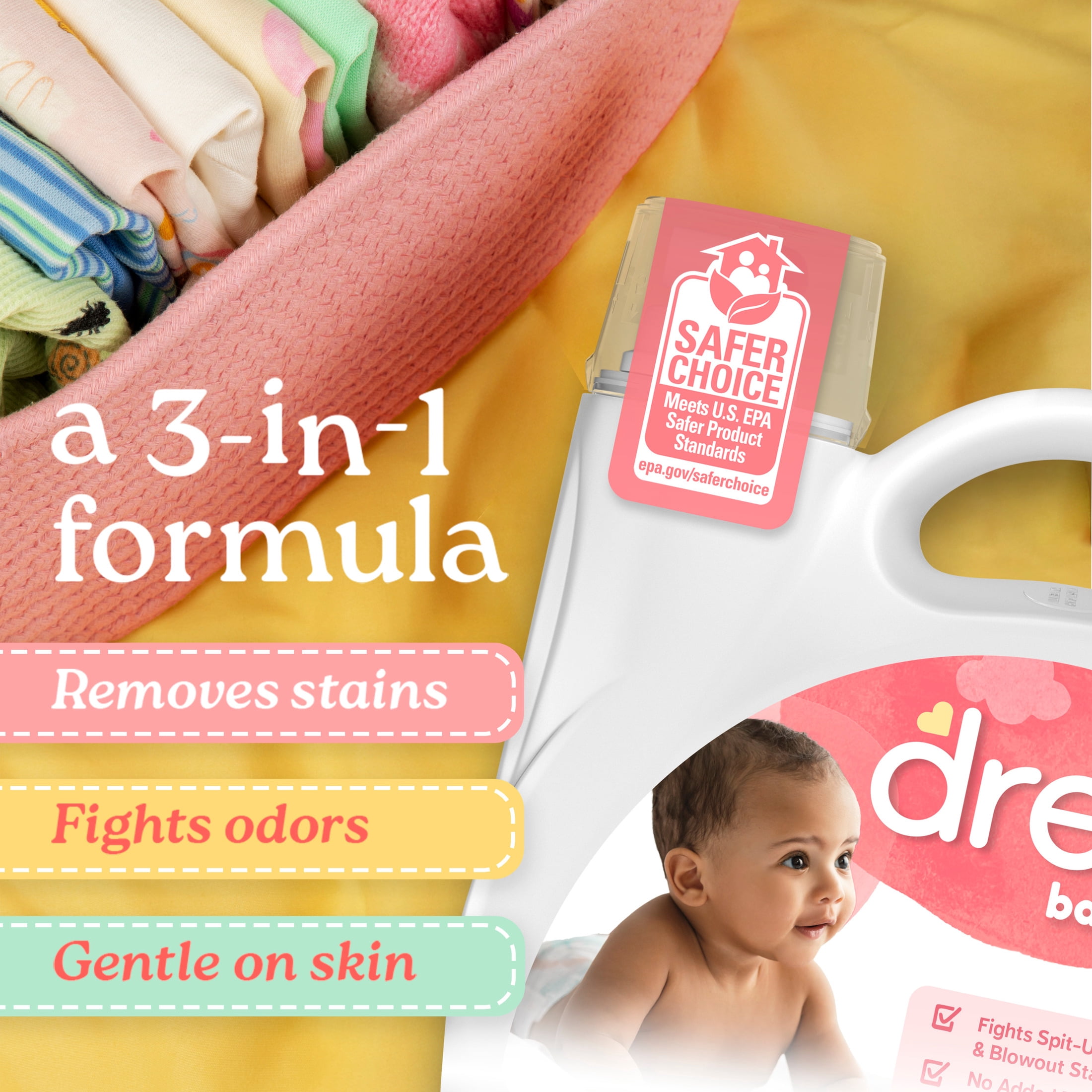 Dreft Liquid Laundry Detergent for Babies, tackles 100% of common baby stains, Laundry Detergent, 150 fl oz, 114 Loads
