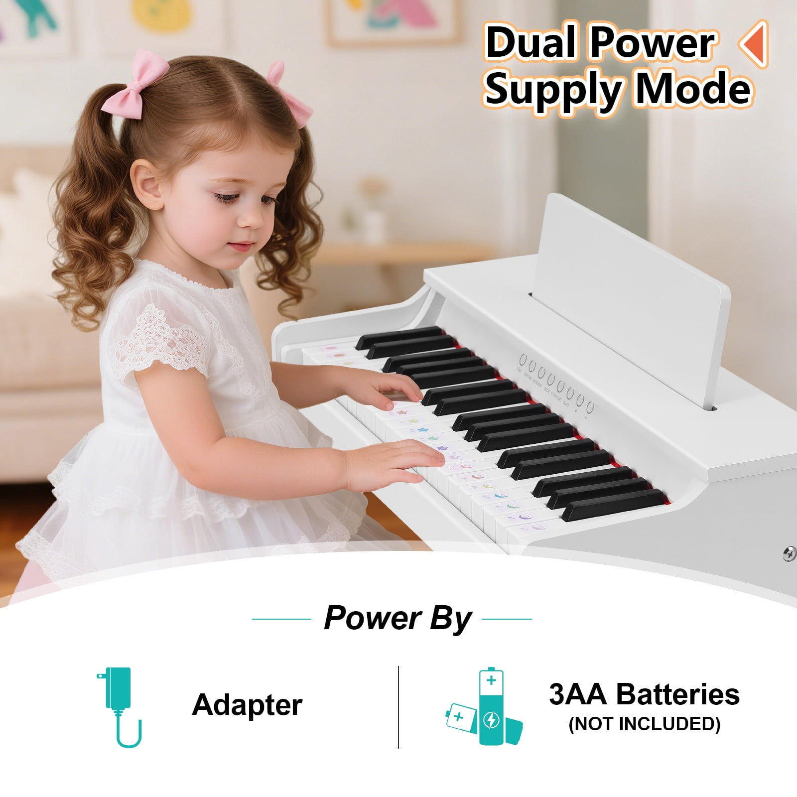 Mustar 37 Keys Kids Wooden Electronic Digital Piano Keyboard with Stool, Songbook, DIY Stickers (White)