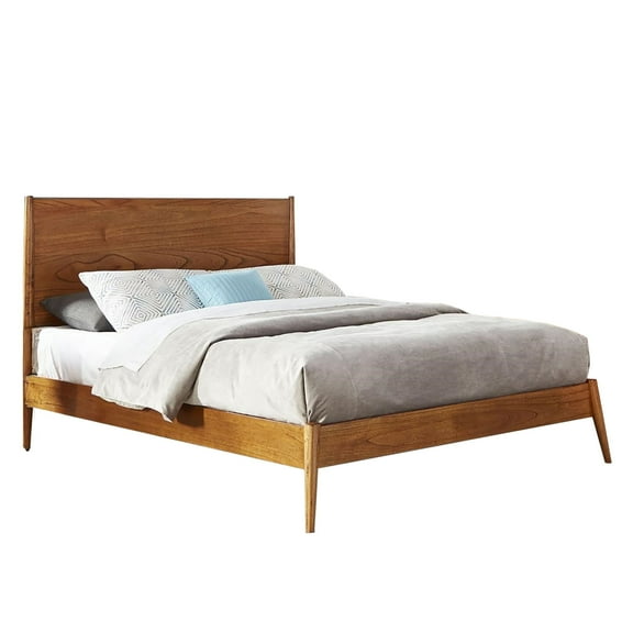 Amy Queen Size Platform Bed, Low Profile Frame, Panel Headboard, Brown