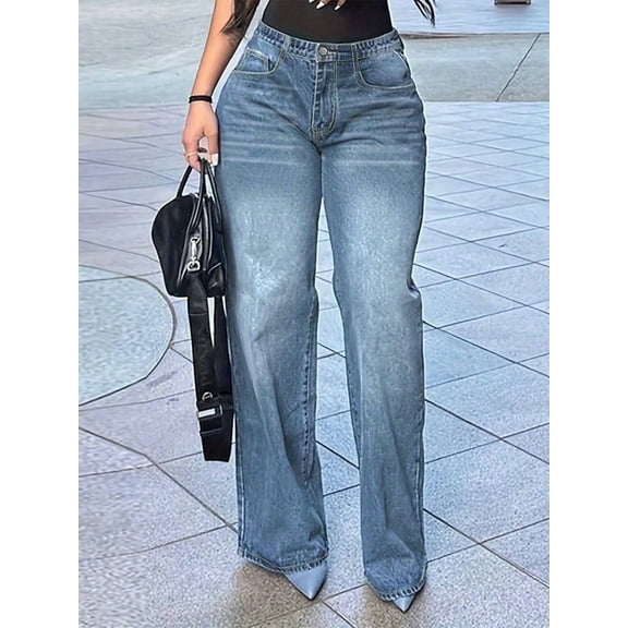 Women's High - Waisted Wide - Leg Jeans Loose Fit Fashion Casual Retro Casual Trend Cotton Denim Classic Button Pocket Design Multiple Washes (Black/Blue/Gray) Fashion Everyday Pants